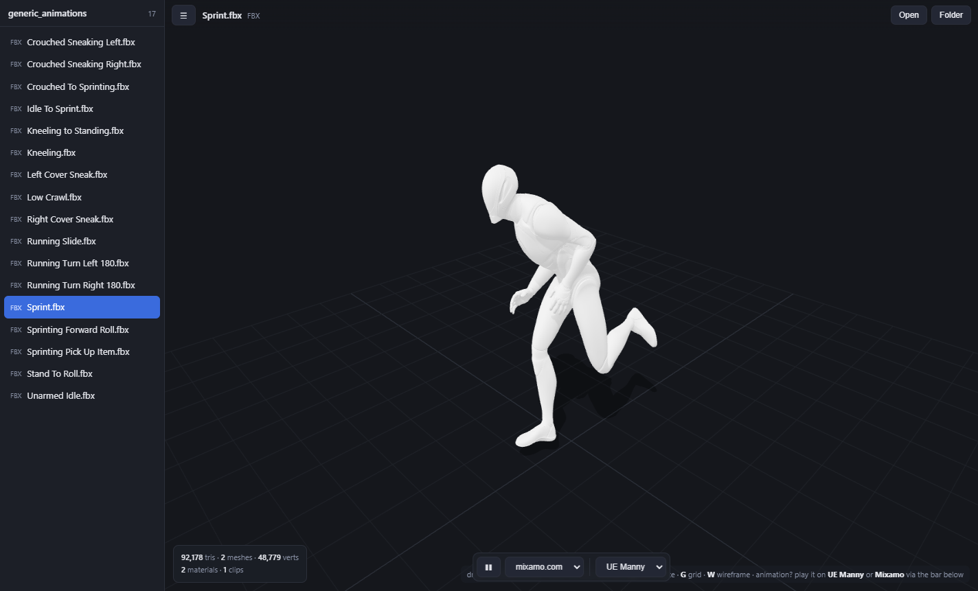 A Mixamo running animation retargeted onto the UE Manny character in AnyMesh, with the View on menu set to UE Manny