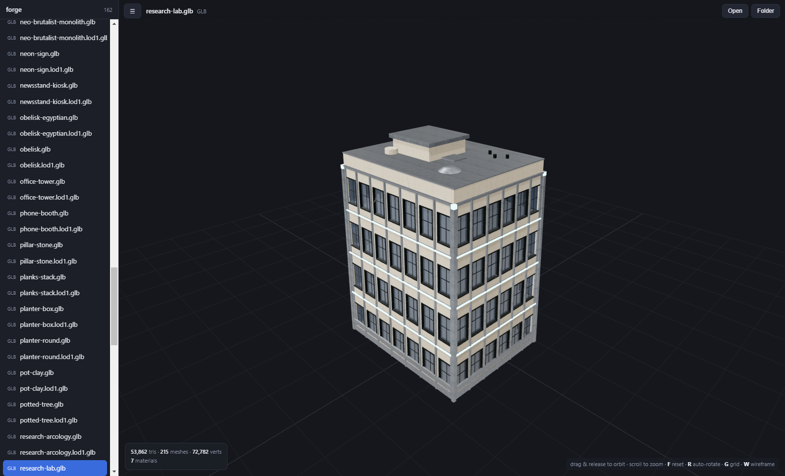 Architectural building model with folder sidebar